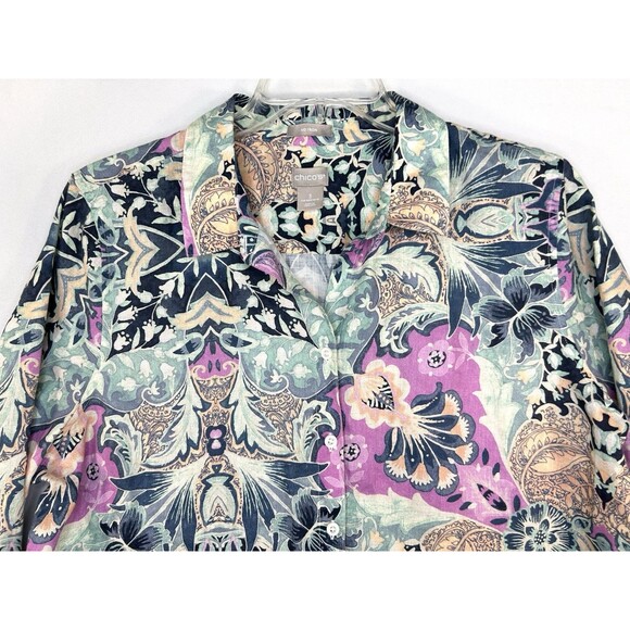 Chicos Linen Shirt Button Up Women's No Iron Tropical Fresh Chic Coral Size 3 - Picture 2 of 11